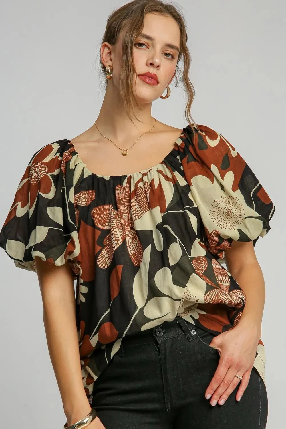 Umgee Full Size Print Round Neck Puff Sleeve Top Plus Size sold by Gigi Laurent