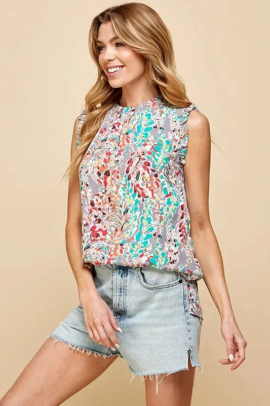 Lime 'N' Chili Full Size Graphic Print Ruffle Trim Mock Neck Sleeveless Top Plus Size sold by Gigi Laurent product image thumbnail 3