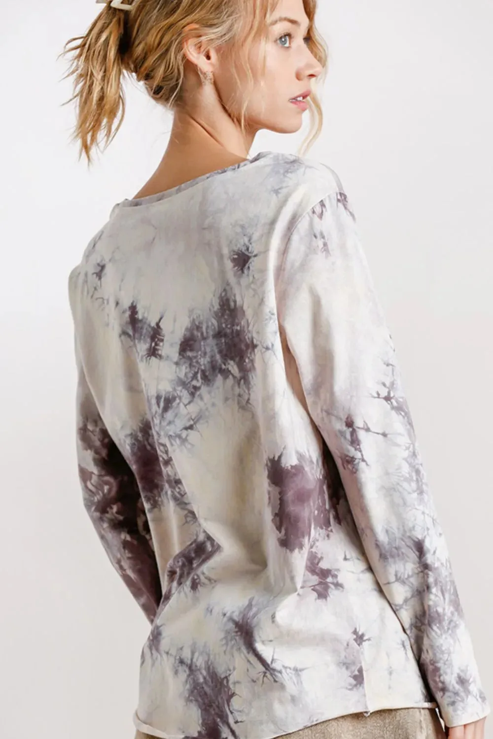 Umgee Full Size Tie Dye Front Gathered Detail Round Neck Long Sleeve T-Shirt Plus Size sold by Gigi Laurent product image thumbnail 3