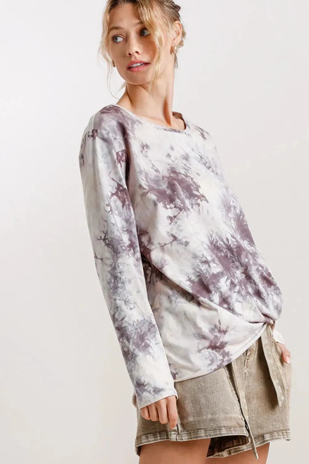 Umgee Full Size Tie Dye Front Gathered Detail Round Neck Long Sleeve T-Shirt Plus Size sold by Gigi Laurent product image thumbnail 2