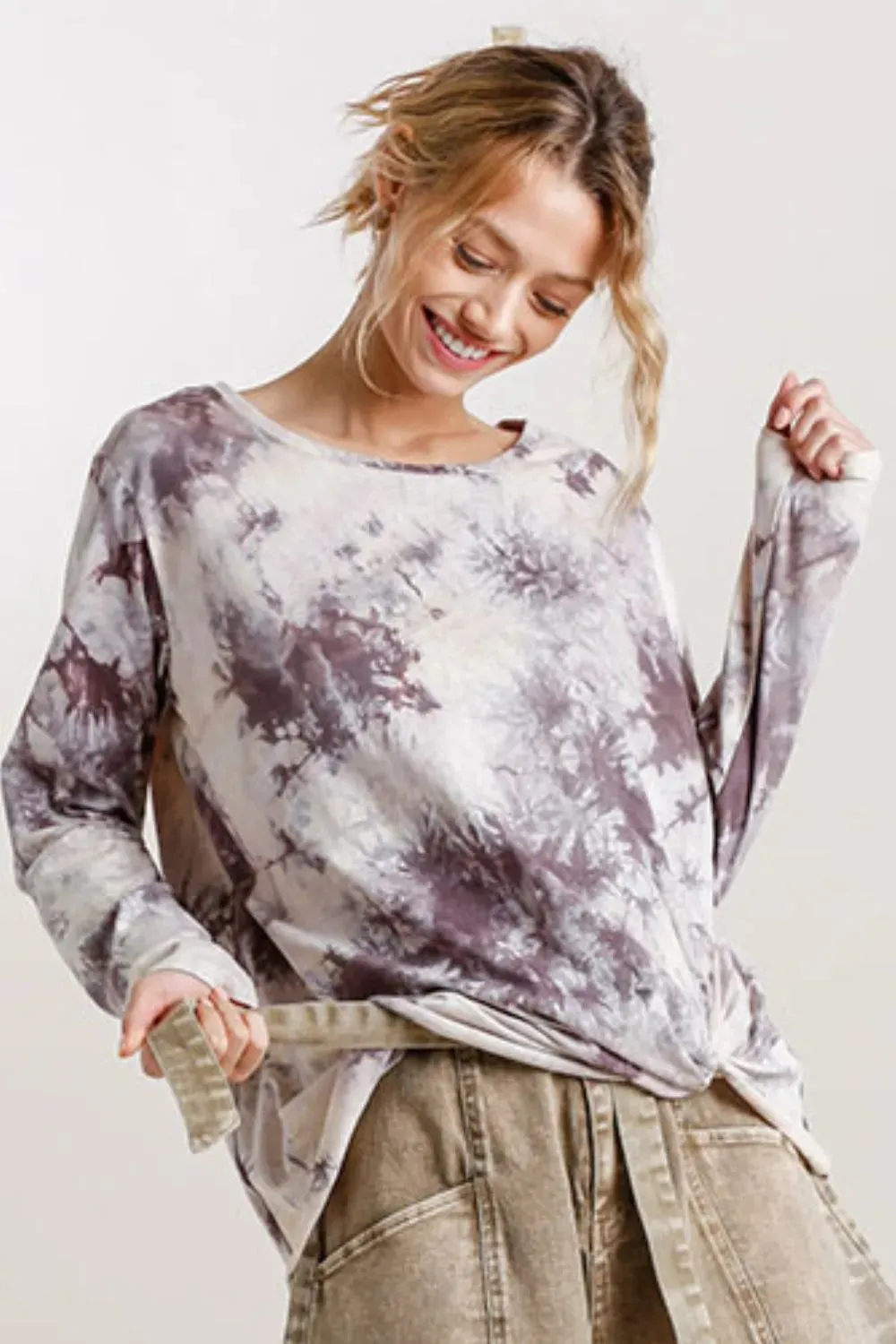 Umgee Full Size Tie Dye Front Gathered Detail Round Neck Long Sleeve T-Shirt Plus Size sold by Gigi Laurent