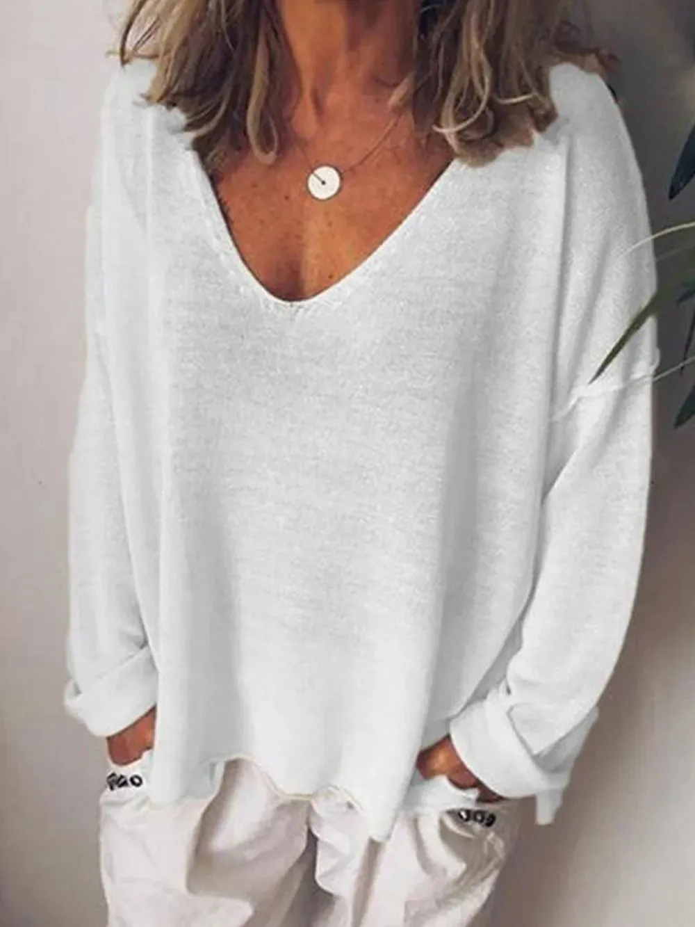 Full Size V-Neck Drop Shoulder Long Sleeve T-Shirt Plus Size sold by Gigi Laurent product image thumbnail 4