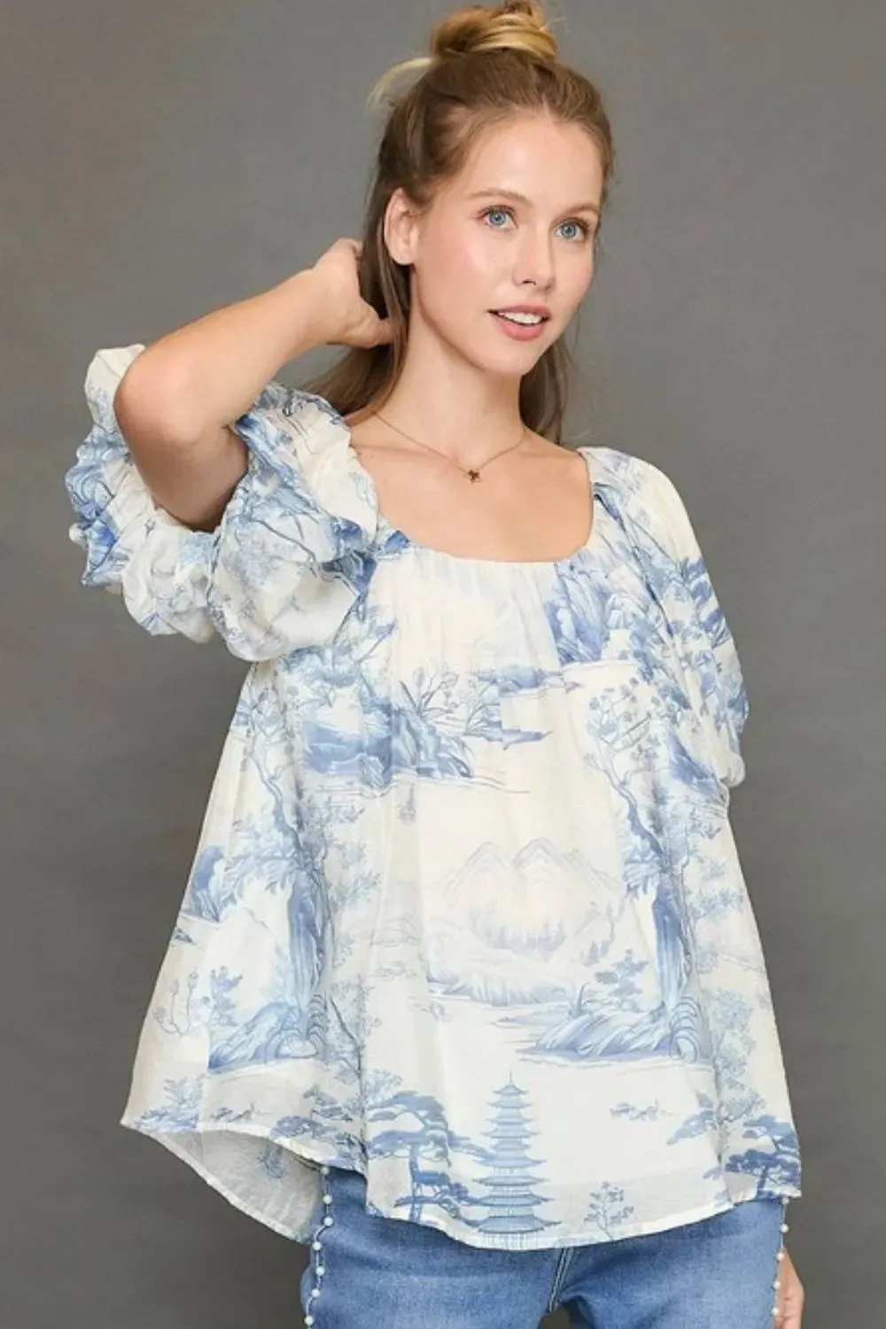 Umgee Full Size Two Tone Toile Print Top Plus Size sold by Gigi Laurent