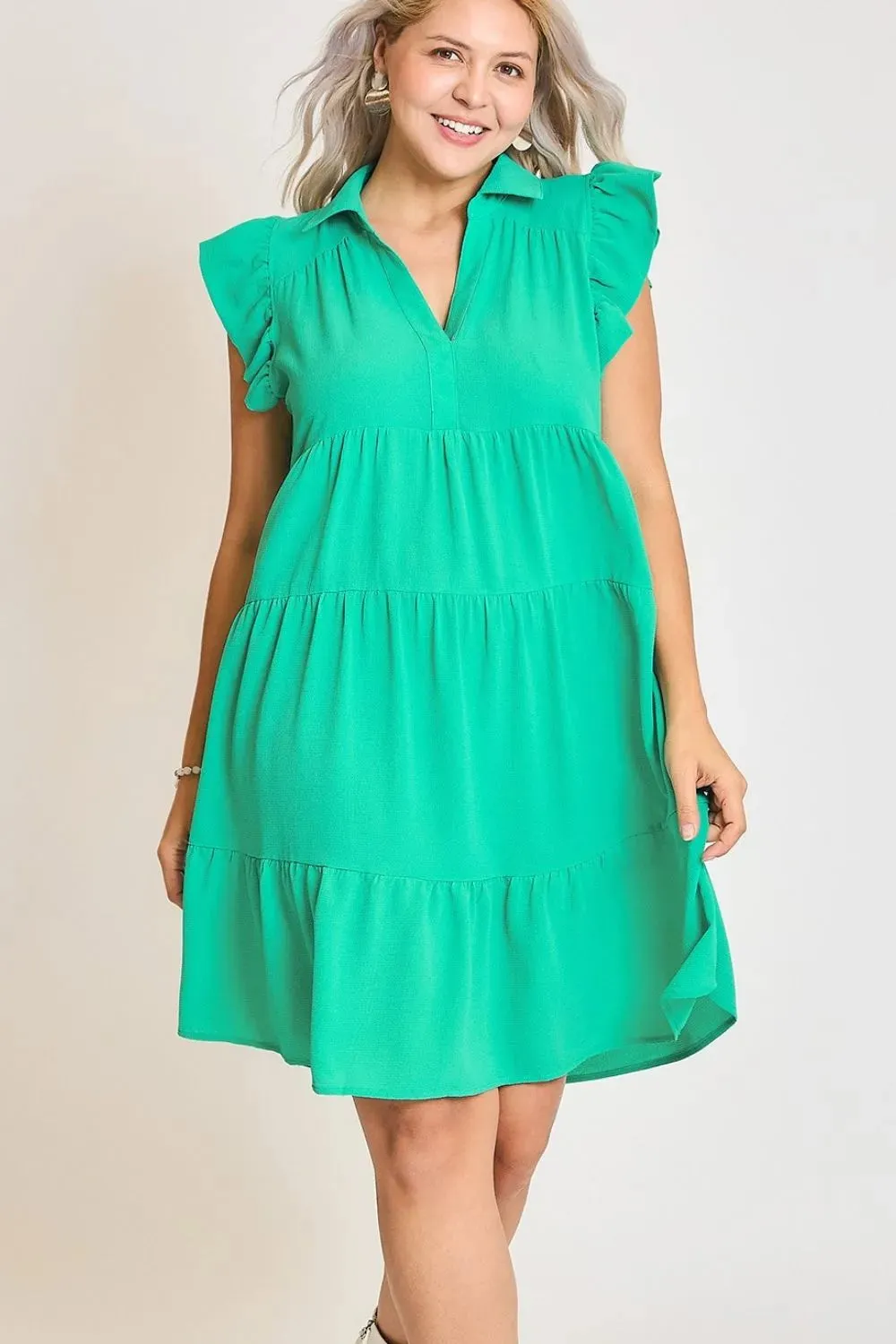 Umgee Full Size Johnny Collar Ruffle Cap Sleeve Tiered Dress Plus Size sold by Gigi Laurent product image thumbnail 3