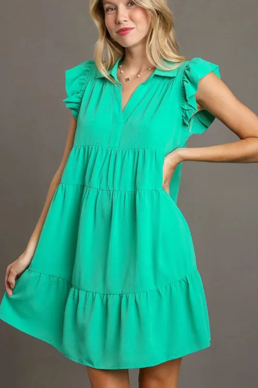 Umgee Full Size Johnny Collar Ruffle Cap Sleeve Tiered Dress Plus Size sold by Gigi Laurent