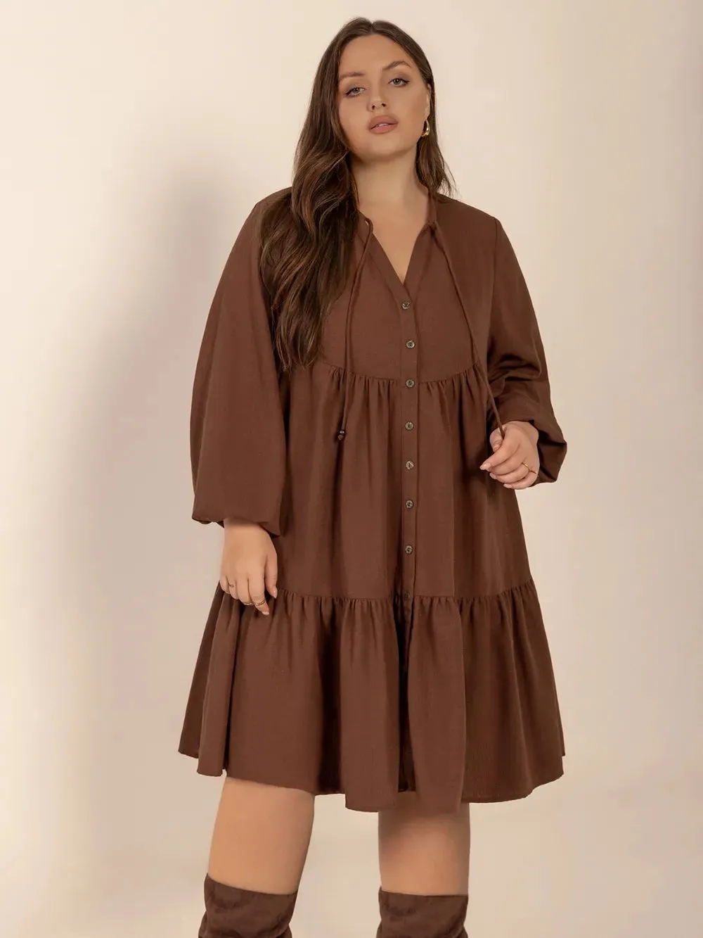 Plus Size Tie Neck Balloon Sleeve Tiered Dress sold by Gigi Laurent product image thumbnail 3