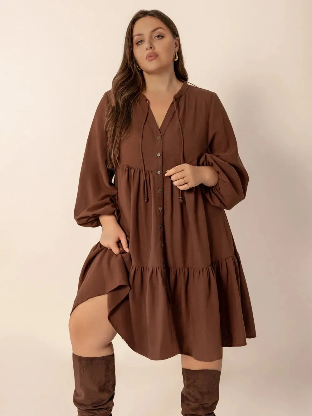 Plus Size Tie Neck Balloon Sleeve Tiered Dress sold by Gigi Laurent product image thumbnail 4