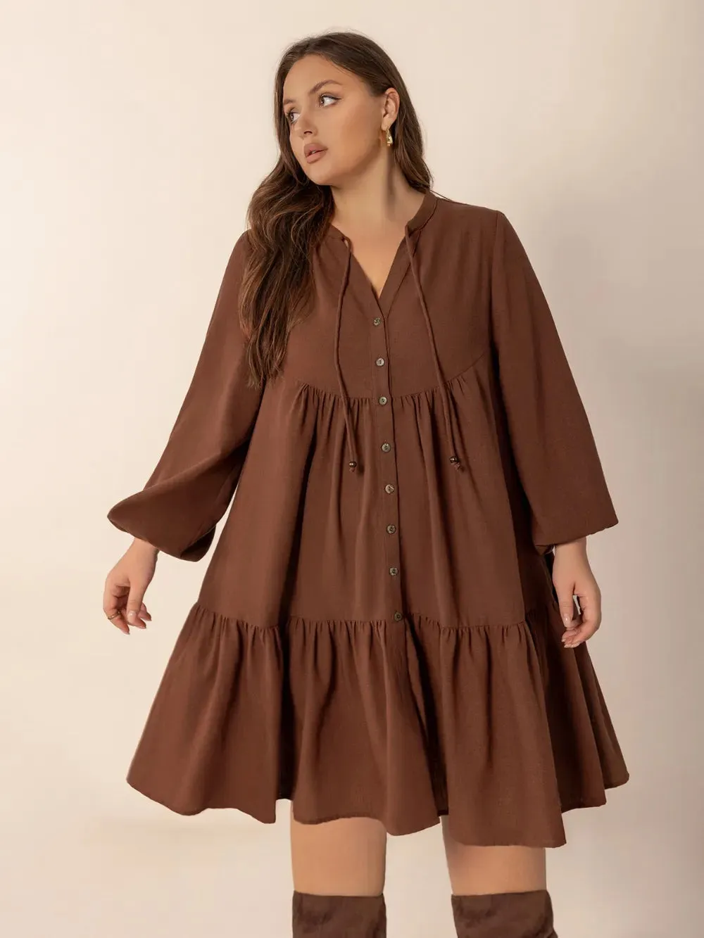 Plus Size Tie Neck Balloon Sleeve Tiered Dress sold by Gigi Laurent product image thumbnail 2