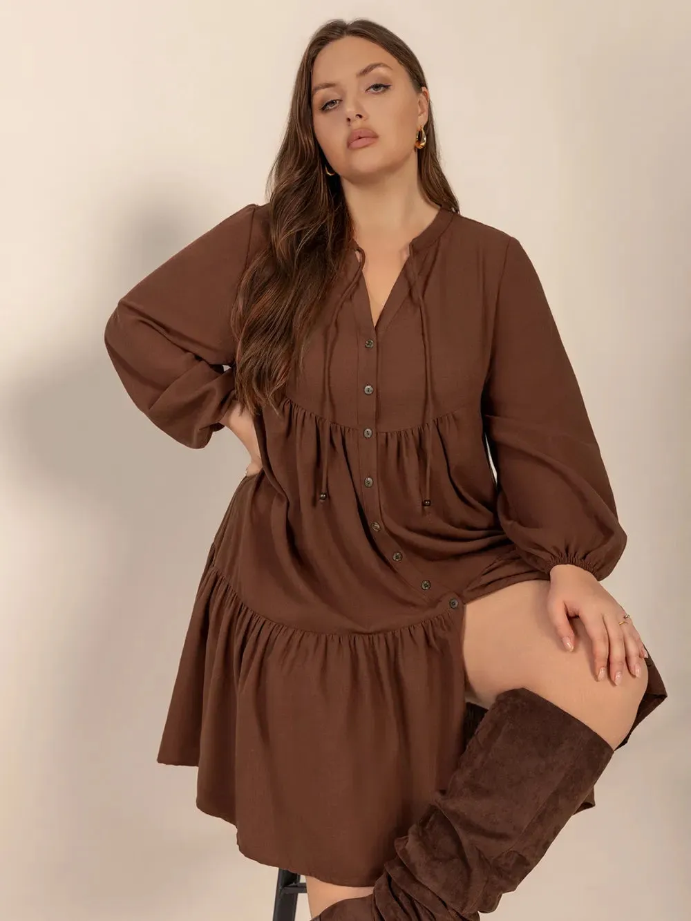 Plus Size Tie Neck Balloon Sleeve Tiered Dress sold by Gigi Laurent product image thumbnail 5