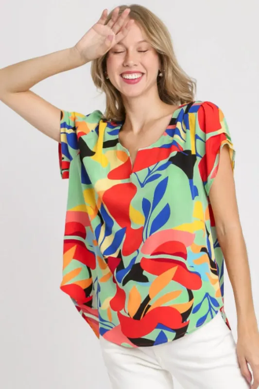 Umgee Full Size Short Sleeved Abstract Print Top Plus Size sold by Gigi Laurent