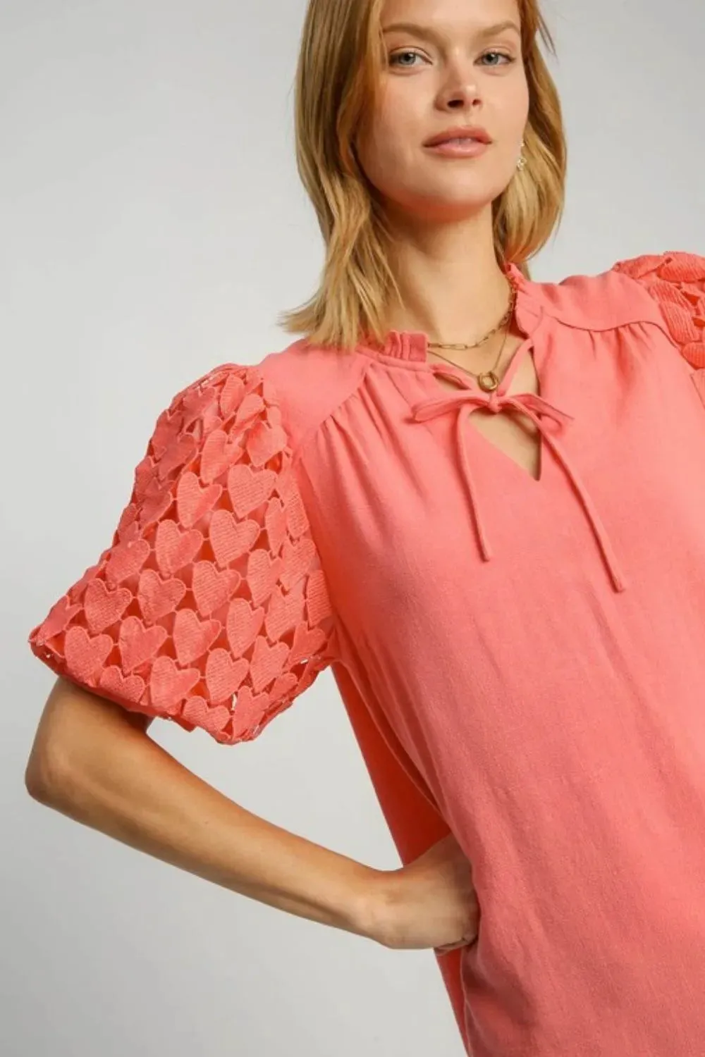 Umgee Full Size Heart Lace Sleeve Ruffle Collar Top Plus Size sold by Gigi Laurent product image thumbnail 2