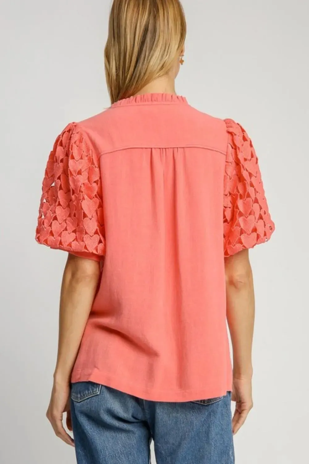 Umgee Full Size Heart Lace Sleeve Ruffle Collar Top Plus Size sold by Gigi Laurent product image thumbnail 4