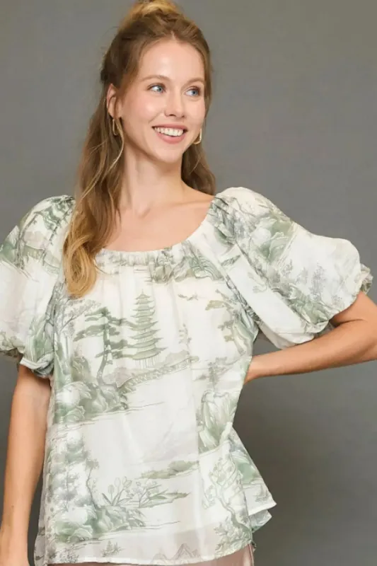Umgee Full Size Two Tone Toile Print Top Plus Size sold by Gigi Laurent