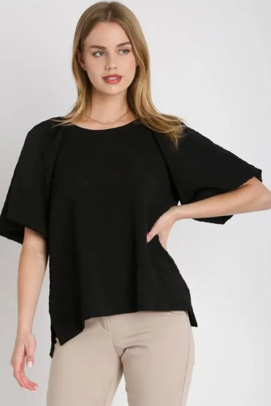 Umgee Full Size Boxy Cut Jacquard Round Neck Top with Side Slit Plus Size sold by Gigi Laurent