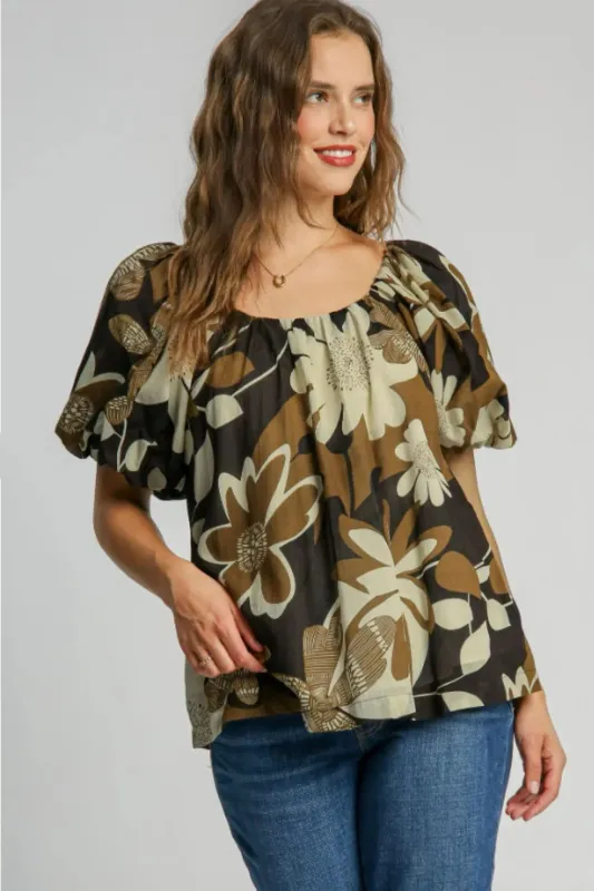 Umgee Full Size Print Round Neck Puff Sleeve Top Plus Size sold by Gigi Laurent