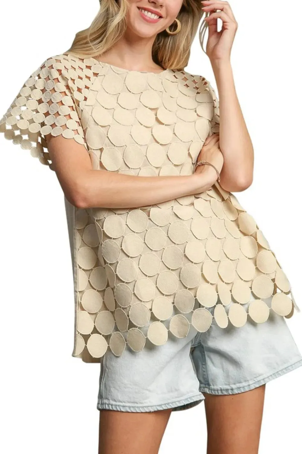 Umgee Full Size Mixed Polka Dot Lace Raglan Sleeve Boxy Cut Top Plus Size sold by Gigi Laurent