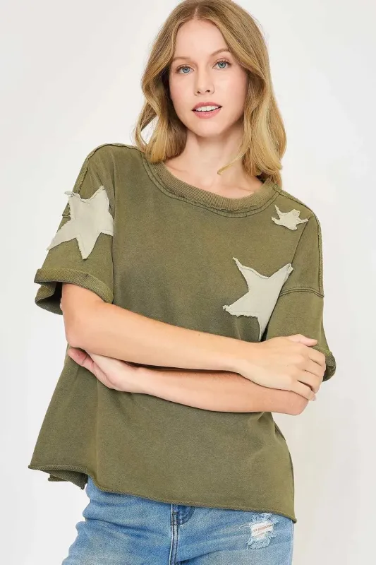 Umgee Full Size Star Patched Mineral Washed French Terry Top Plus Size sold by Gigi Laurent
