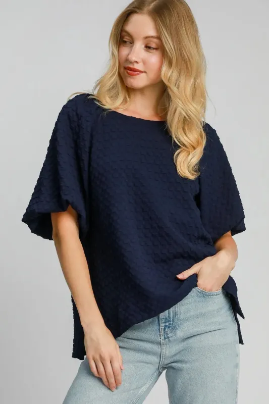 Umgee Full Size Boxy Cut Jacquard Round Neck Top with Side Slit Plus Size sold by Gigi Laurent