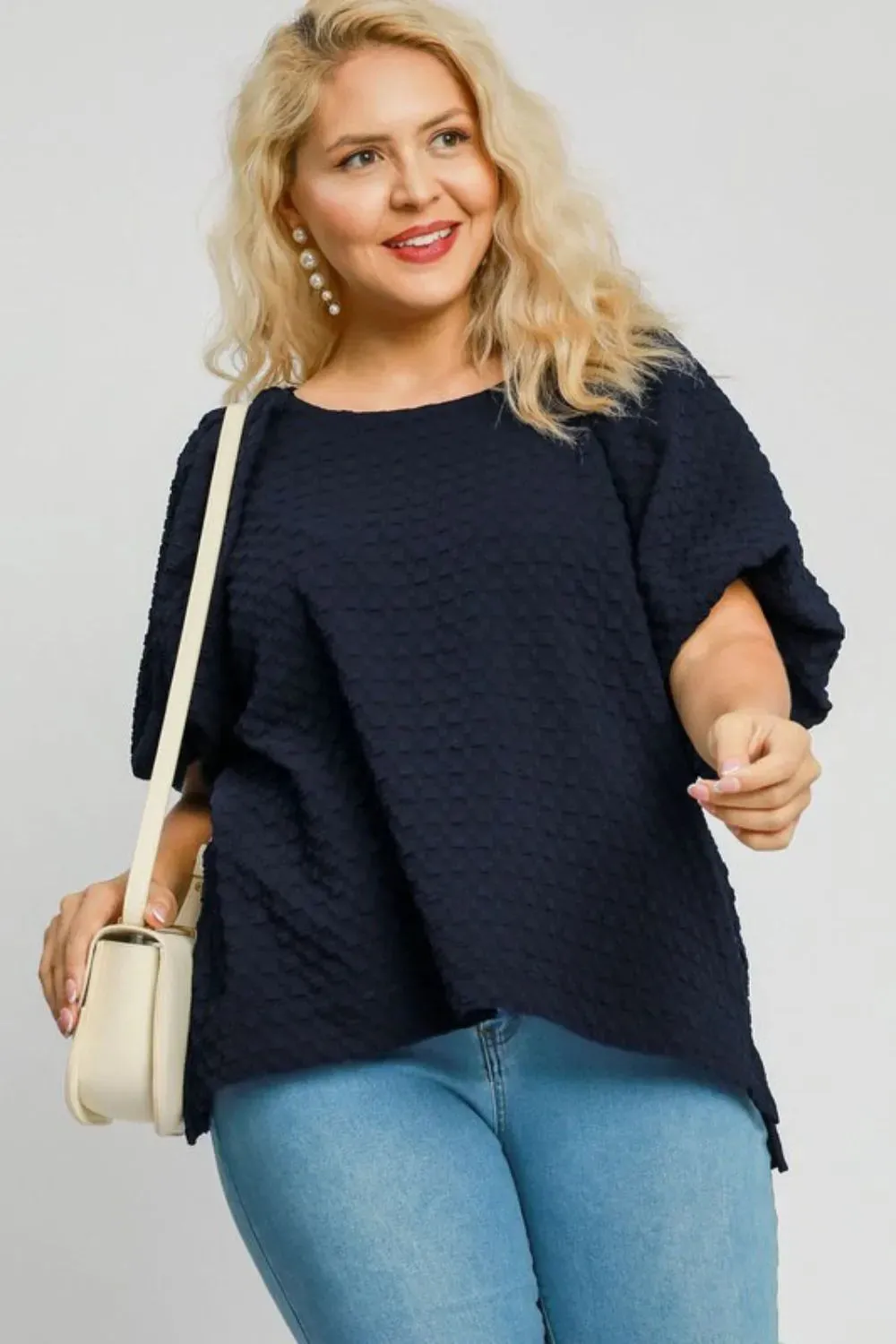 Umgee Full Size Boxy Cut Jacquard Round Neck Top with Side Slit Plus Size sold by Gigi Laurent product image thumbnail 2