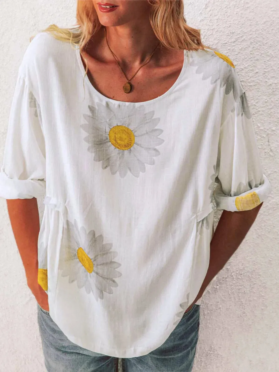 Full Size Flower Round Neck Half Sleeve T-Shirt Plus Size sold by Gigi Laurent