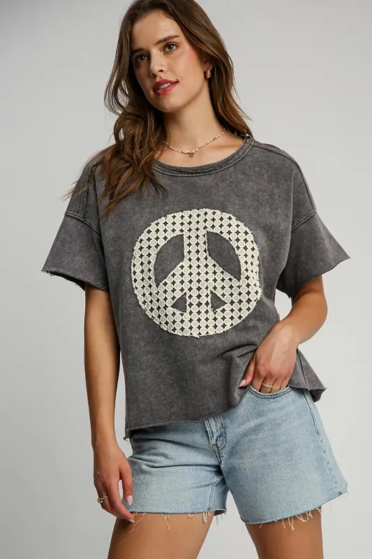 Umgee Full Size Mineral Wash T-Shirt with Lace Applique Plus Size sold by Gigi Laurent