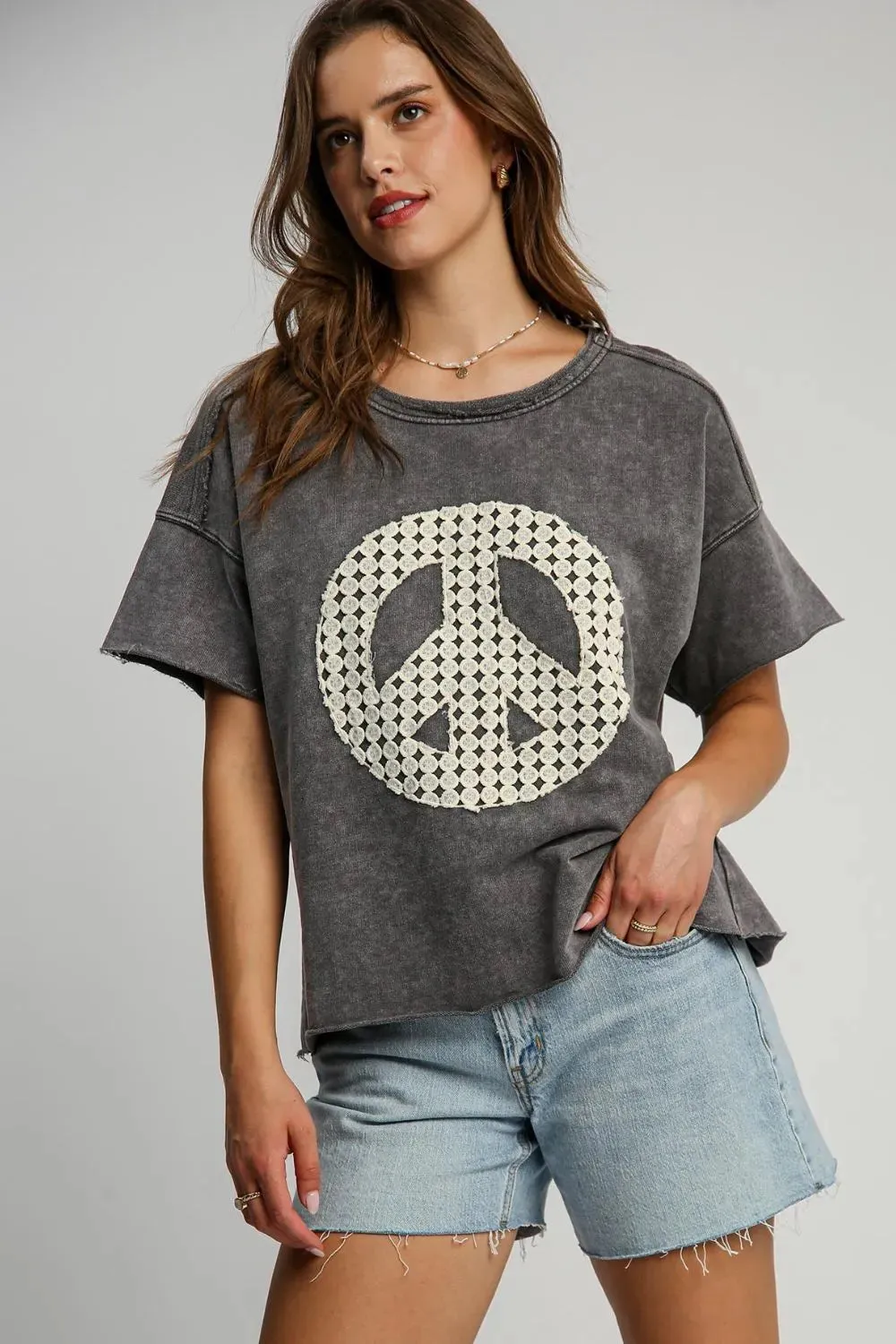 Umgee Full Size Mineral Wash T-Shirt with Lace Applique Plus Size sold by Gigi Laurent