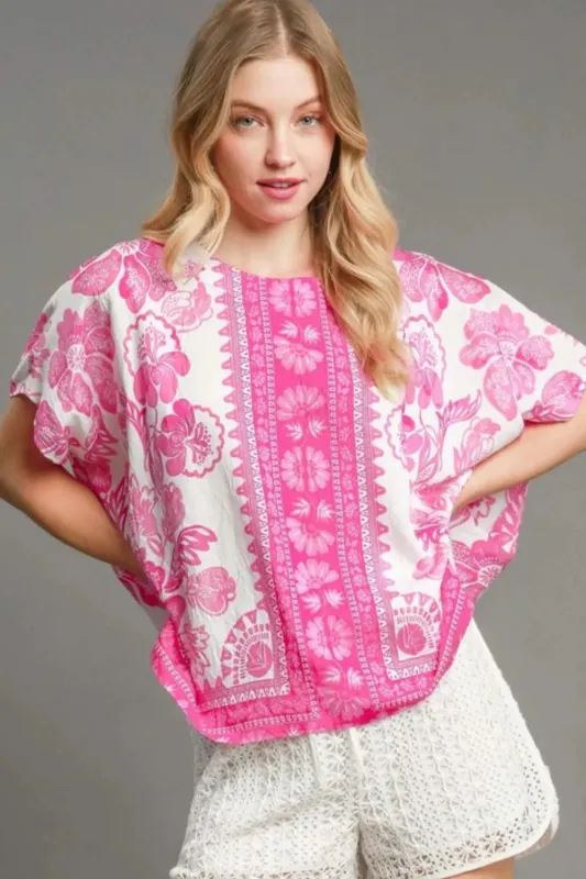 Umgee Full Size Floral Border Print Oversized Top Plus Size sold by Gigi Laurent