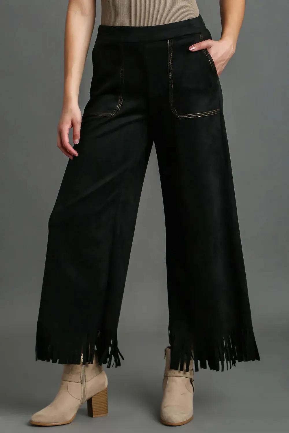 Umgee Full Size Suede Fringe Hem Wide Leg Pants Plus Size sold by Gigi Laurent