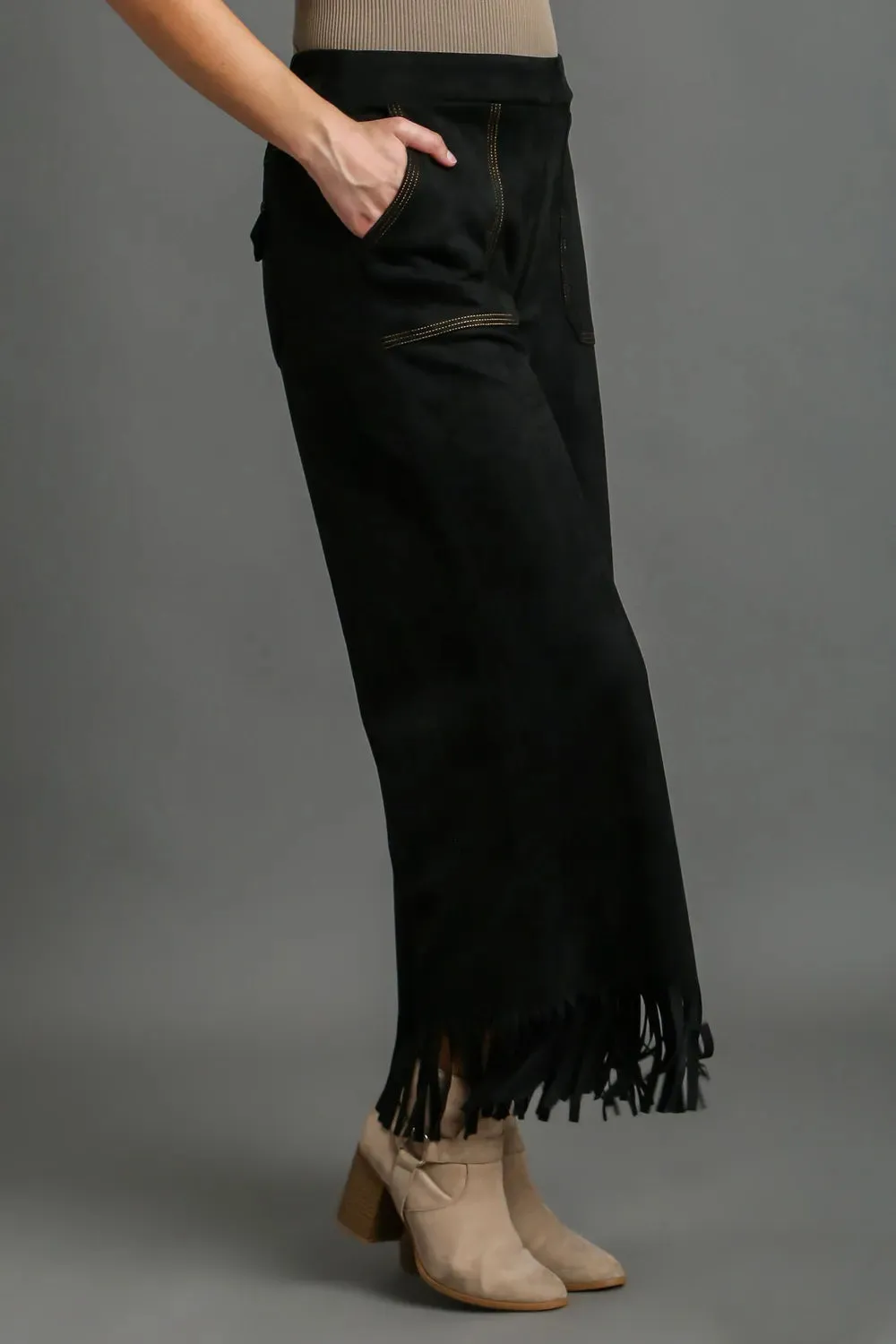 Umgee Full Size Suede Fringe Hem Wide Leg Pants Plus Size sold by Gigi Laurent product image thumbnail 2