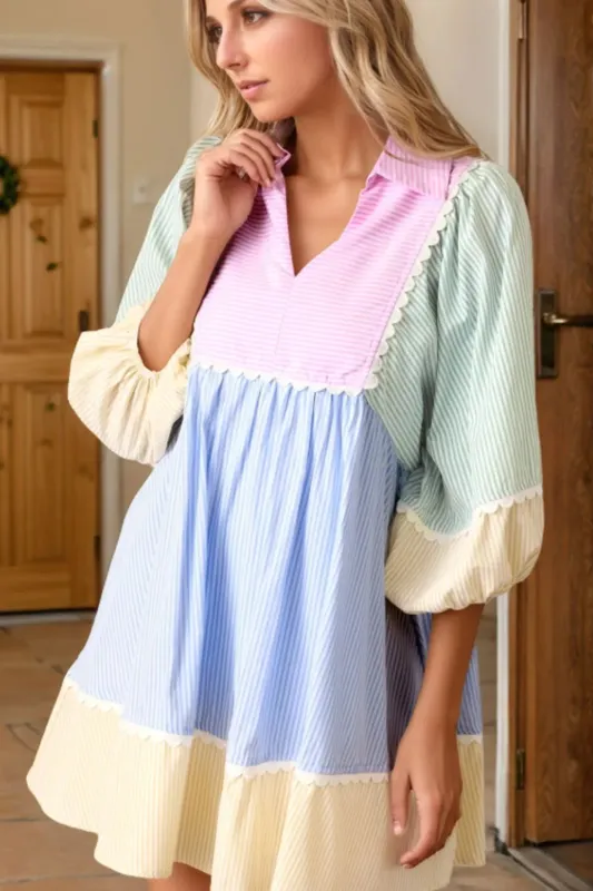 Striped Patchwork Ric Rac Puff Sleeve Collared Mini Dress sold by Gigi Laurent