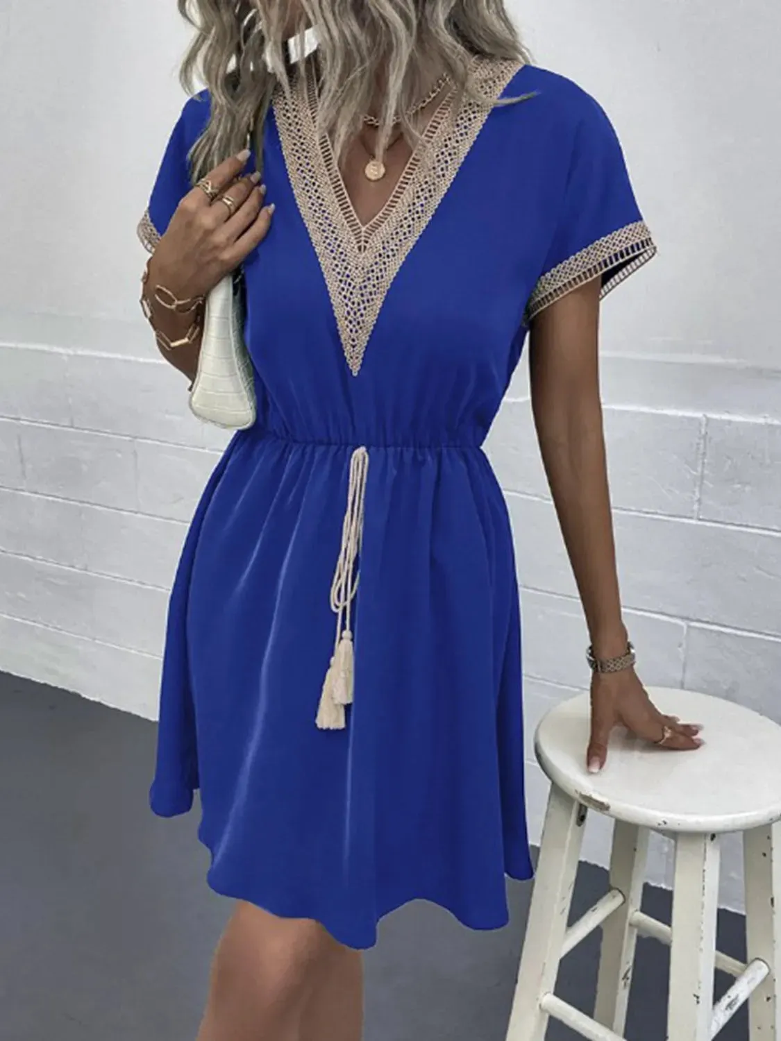 Full Size Tassel V-Neck Short Sleeve Dress Plus Size sold by Gigi Laurent product image thumbnail 4