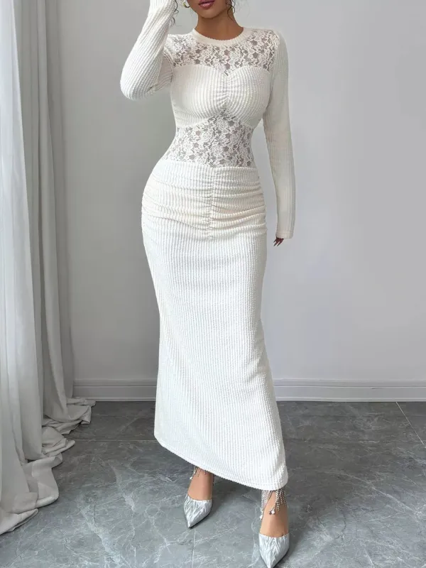 Lace Panel Ruched Bodycon Maxi Dress sold by Gigi Laurent