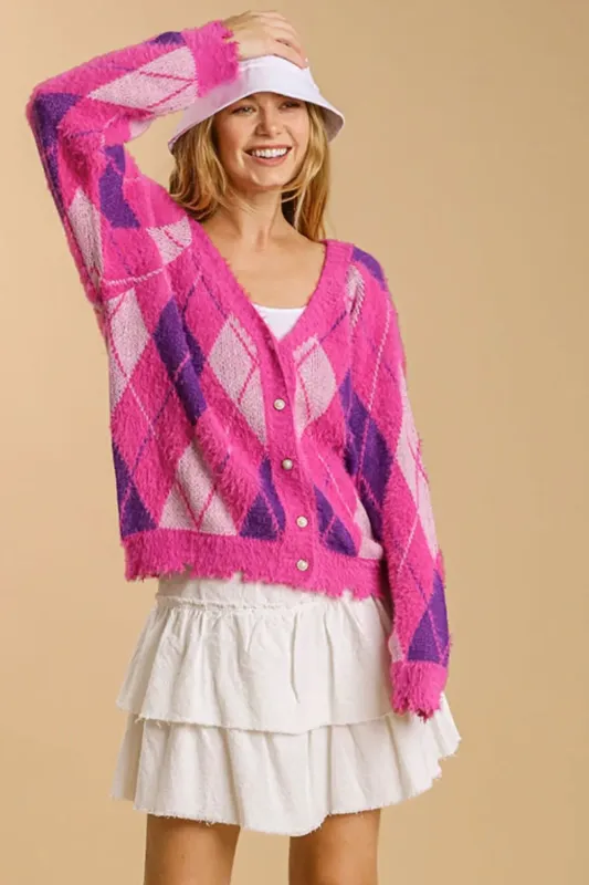 Umgee Full Size Argyle Pattern V-Neck Button Front Cardigan Plus Size sold by Gigi Laurent