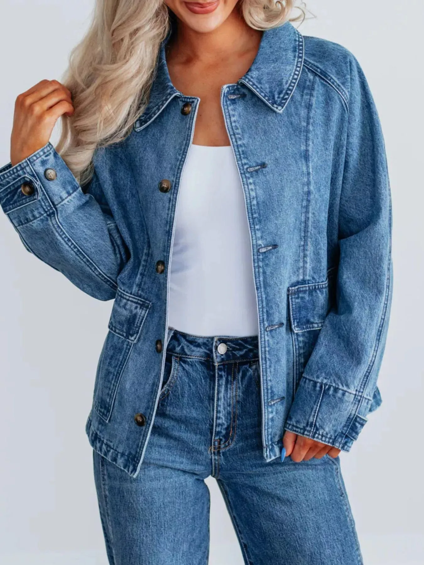Button Up Raglan Sleeve Denim Jacket sold by Gigi Laurent