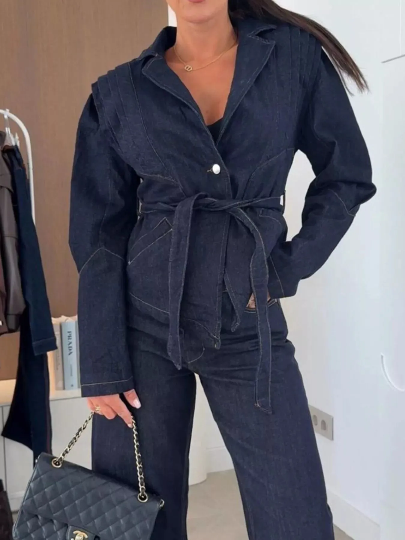 One Button Cropped Denim Jacket with Belted sold by Gigi Laurent product image thumbnail 2