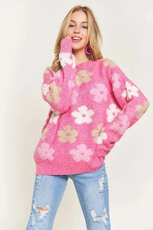 ADORA Full Size Floral Popped 2-Tone Sweater Top Plus Size sold by Gigi Laurent