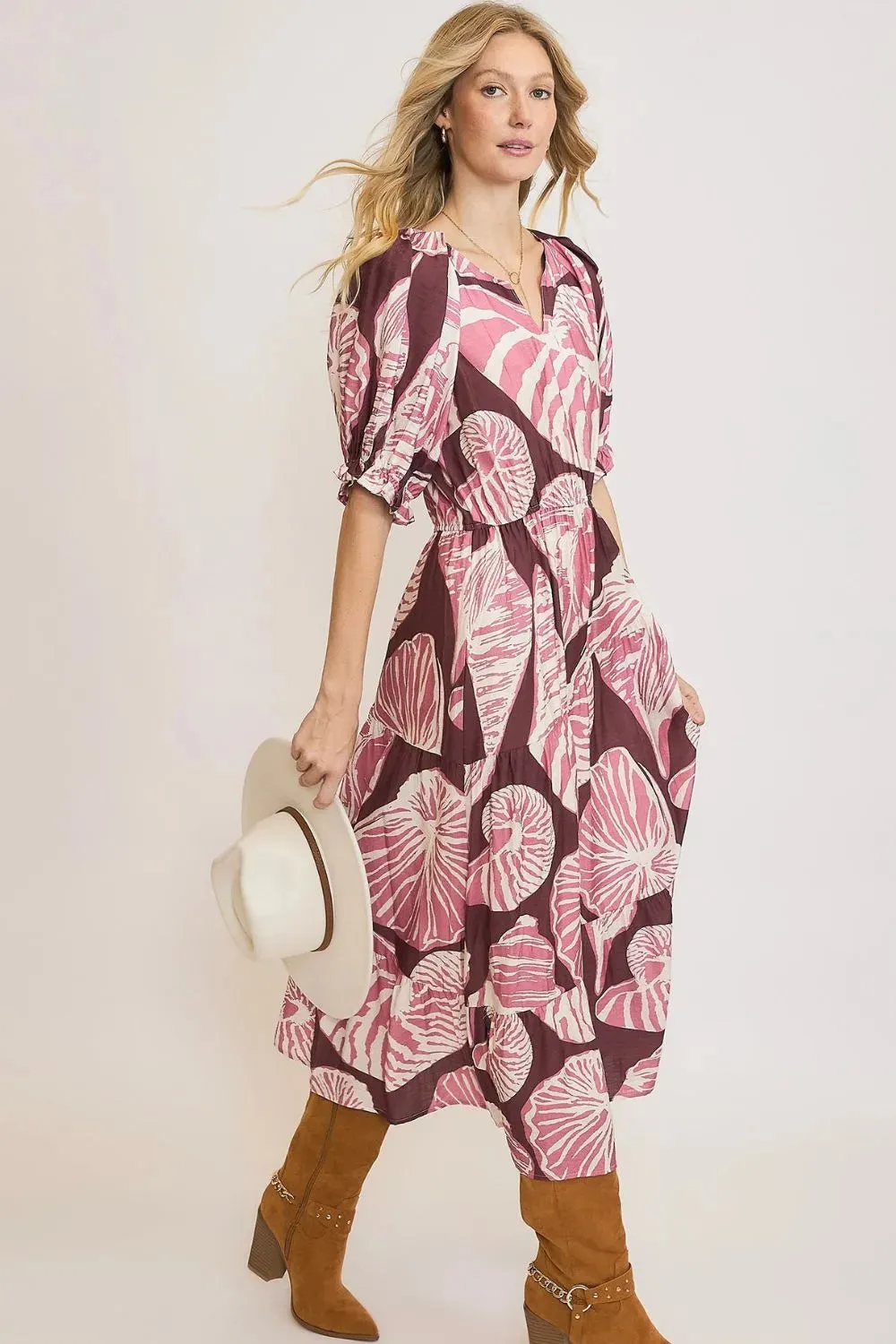 Umgee Full Size Printed Notched Puff Sleeve Midi Dress Plus Size sold by Gigi Laurent product image thumbnail 2