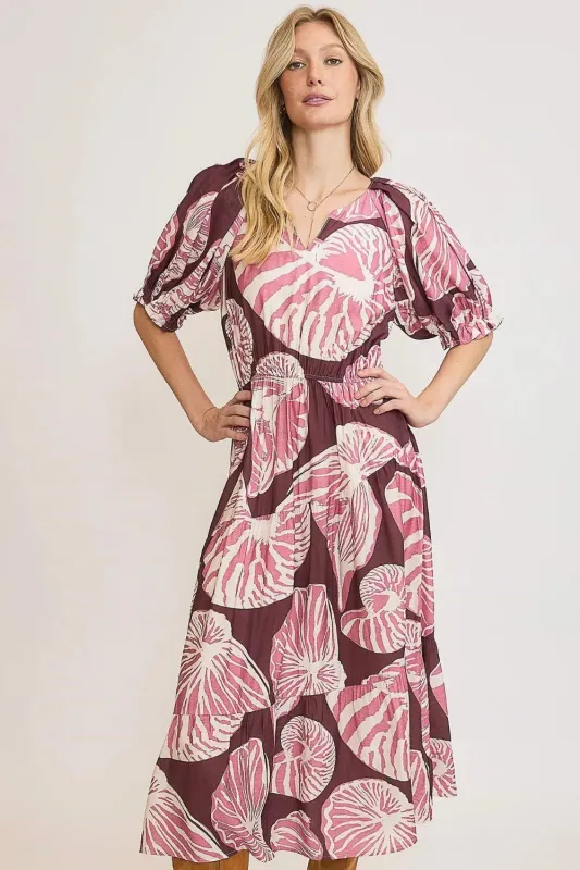 Umgee Full Size Printed Notched Puff Sleeve Midi Dress Plus Size sold by Gigi Laurent