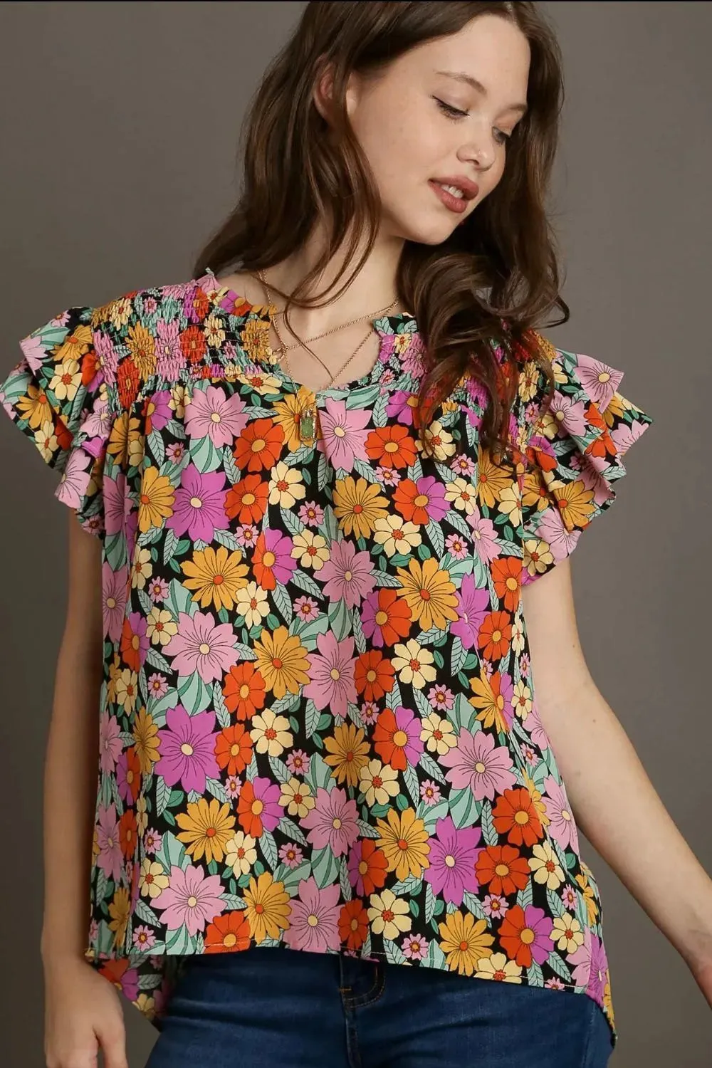 Umgee Full Size Floral Printed Smocked Top Plus Size sold by Gigi Laurent