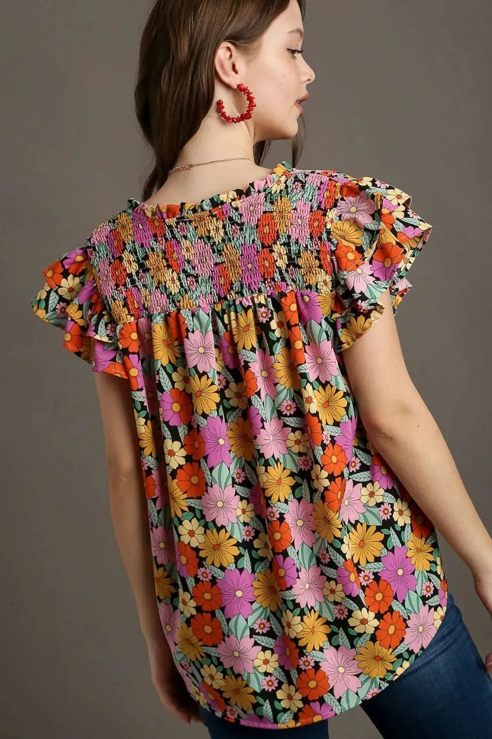 Umgee Full Size Floral Printed Smocked Top Plus Size sold by Gigi Laurent product image thumbnail 2