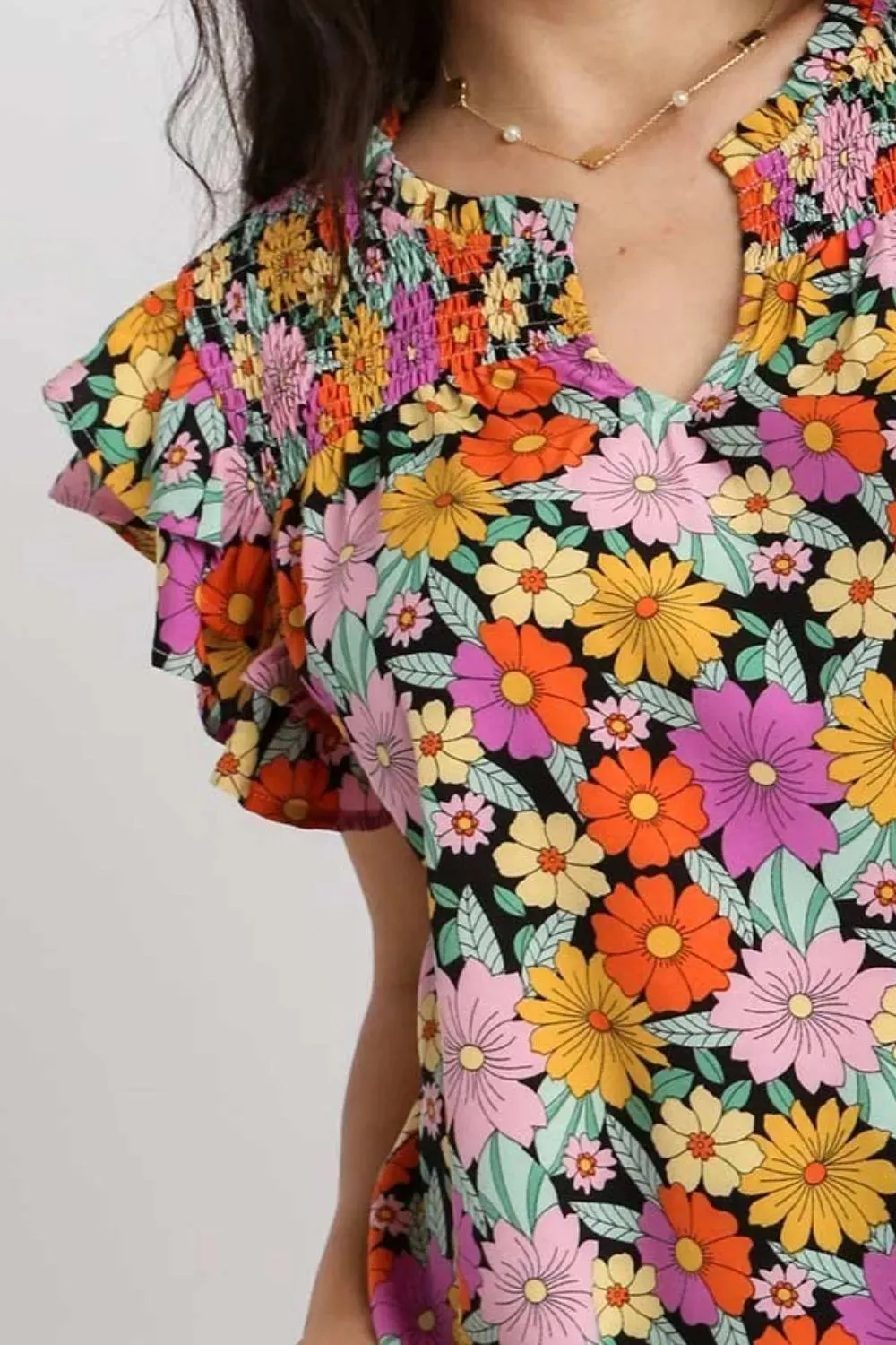 Umgee Full Size Floral Printed Smocked Top Plus Size sold by Gigi Laurent product image thumbnail 3