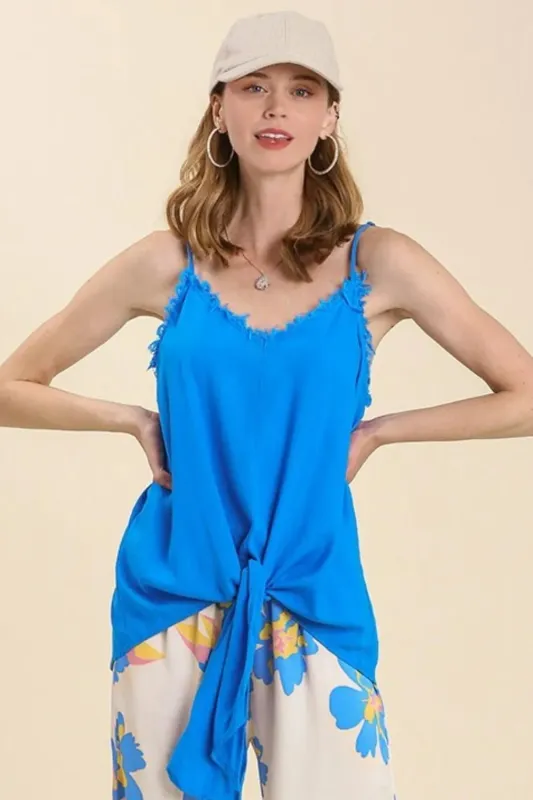 Umgee Full Size Linen Blend Adjustable Spaghetti Strap Frayed Detail Cami Plus Size sold by Gigi Laurent