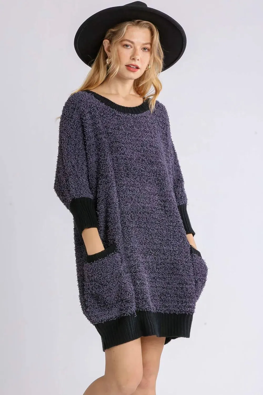 Umgee Full Size Ribbed Hem Round Neck 3/4 Sleeve Sweater Dress with Pockets Plus Size sold by Gigi Laurent product image thumbnail 2