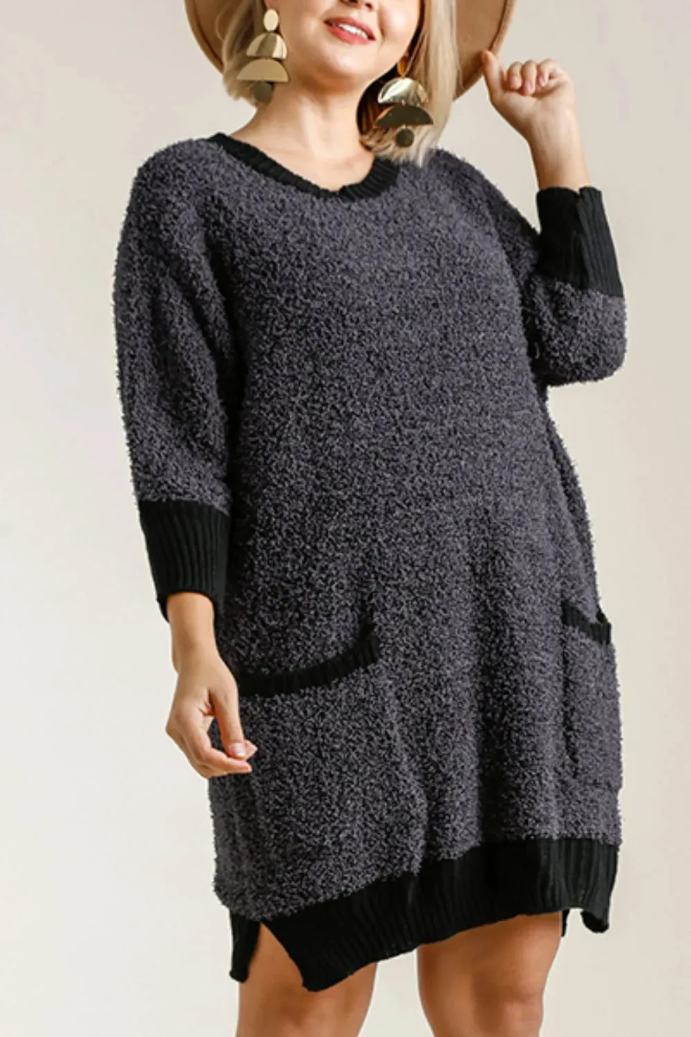 Umgee Full Size Ribbed Hem Round Neck 3/4 Sleeve Sweater Dress with Pockets Plus Size sold by Gigi Laurent product image thumbnail 4