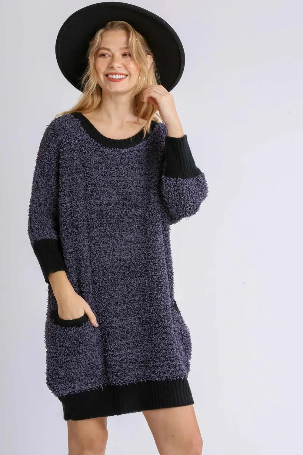 Umgee Full Size Ribbed Hem Round Neck 3/4 Sleeve Sweater Dress with Pockets Plus Size sold by Gigi Laurent