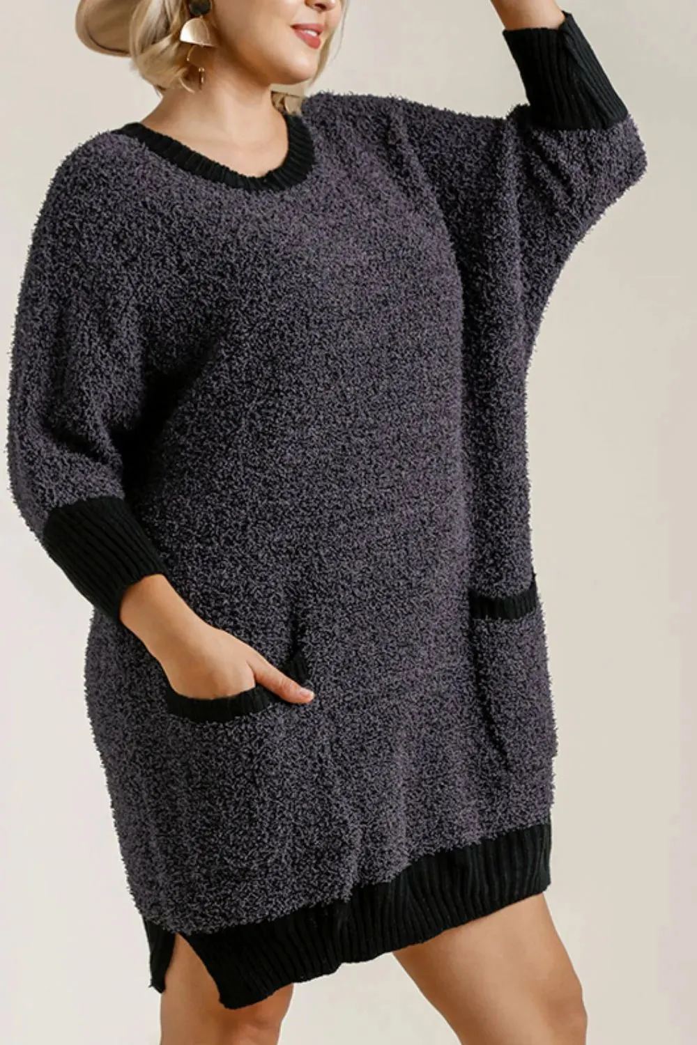 Umgee Full Size Ribbed Hem Round Neck 3/4 Sleeve Sweater Dress with Pockets Plus Size sold by Gigi Laurent product image thumbnail 5