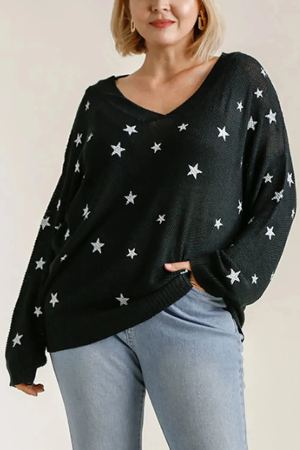Umgee Full Size Star V-Neck Long Sleeve Sweater Plus Size sold by Gigi Laurent product image thumbnail 3