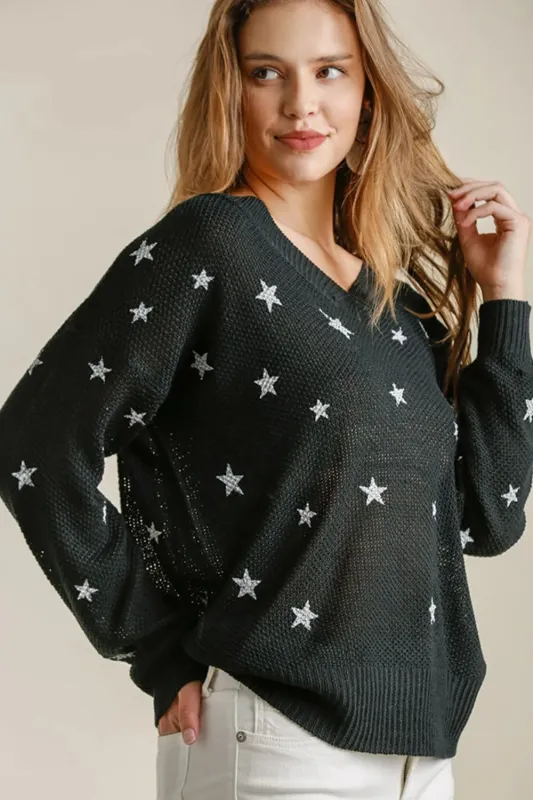 Umgee Full Size Star V-Neck Long Sleeve Sweater Plus Size sold by Gigi Laurent