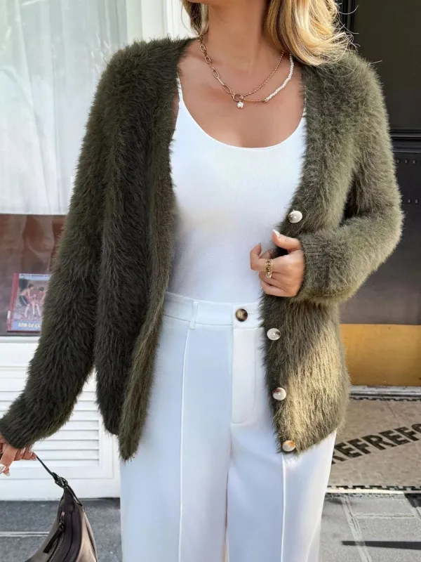 Fuzzy Knit Button-Up Cardigan sold by Gigi Laurent