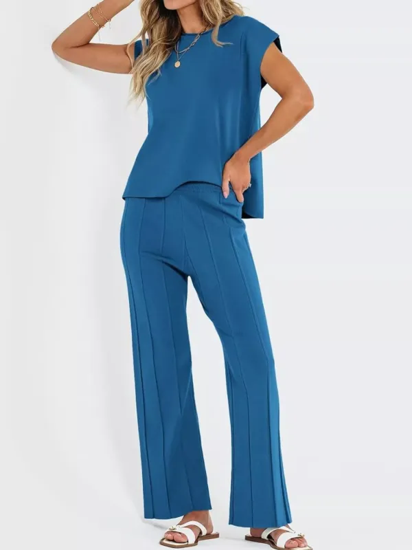 Casual Solid Color Cap Sleeve Top and Pants Knit Set sold by Gigi Laurent